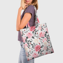 Сумка-шопер Розовые розы и серые листочки - паттерн, цвет: 3D-принт — фото 2