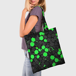 Сумка-шопер Зелёно-серые шестиугольники на чёрном фоне, цвет: 3D-принт — фото 2