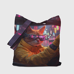 Сумка-шопер Кот за рулем авто - киберпанк, цвет: 3D-принт