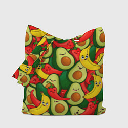 Сумка-шопер Авокадо, бананы, перцы чили улыбаются - паттерн фр, цвет: 3D-принт