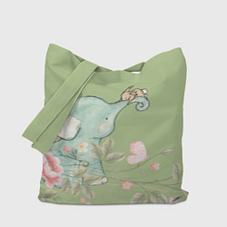 Сумка-шопер Слоненок с зайчиком в цветах на зеленом, цвет: 3D-принт