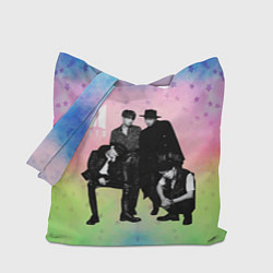 Сумка-шопер BTS черно-белый стиль на радужном фоне, цвет: 3D-принт