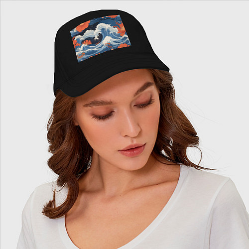 Бейсболка Япония волны алые цветы / Черный – фото 4