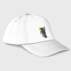 Бейсболка Чёрный ворон на ветке под луной среди синих цветов, цвет: белый