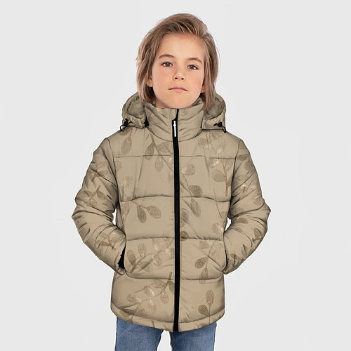 Зимняя куртка для мальчика Листья на бежевом фоне / 3D-Светло-серый – фото 3
