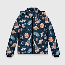 Куртка зимняя для мальчика Корабли, планеты и спутники, цвет: 3D-черный