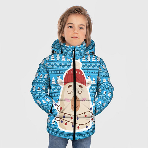 Зимняя куртка для мальчика Медведь в гирляндах Новый год / 3D-Светло-серый – фото 3