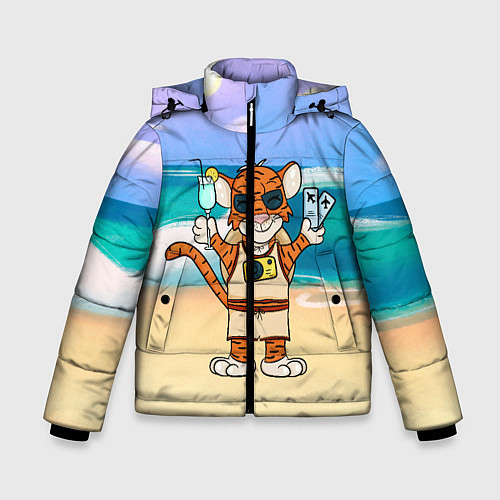 Зимняя куртка для мальчика Тигр в отпуске на новый год на море / 3D-Светло-серый – фото 1