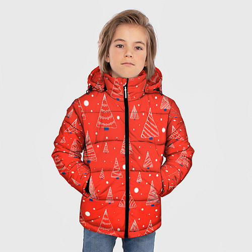 Зимняя куртка для мальчика Контур из белых елочек на красном фоне с синим сне / 3D-Светло-серый – фото 3