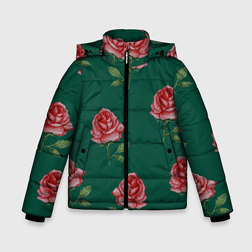 Зимняя куртка для мальчика Ярко красные розы на темно-зеленом фоне / 3D-Светло-серый – фото 1