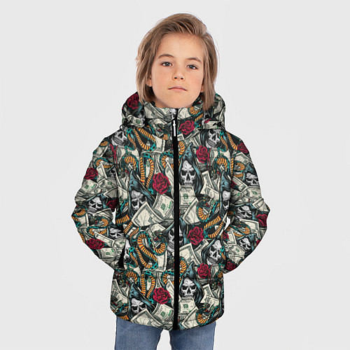 Зимняя куртка для мальчика Смерть, Змея, Доллары, Розы / 3D-Светло-серый – фото 3