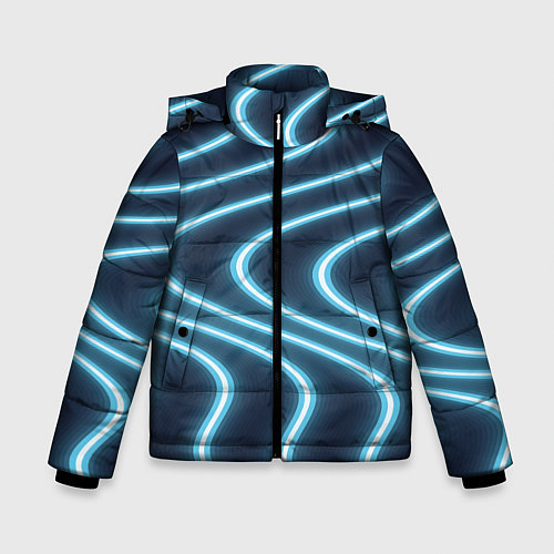 Зимняя куртка для мальчика Неоновый свет Волны голубые на темном фоне / 3D-Светло-серый – фото 1