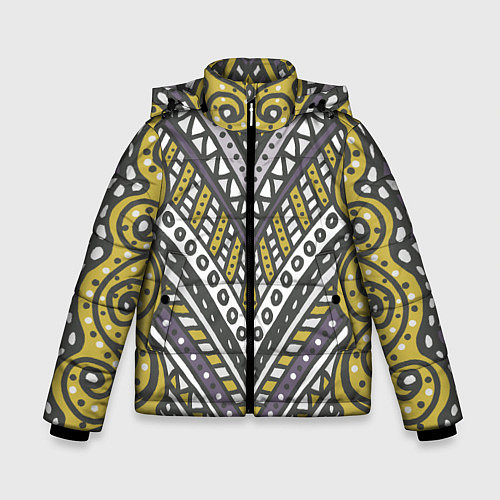 Зимняя куртка для мальчика Абстрактный узор в стиле дудл Желтый, серый и белы / 3D-Светло-серый – фото 1