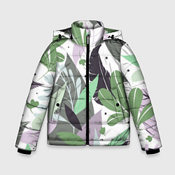 Куртка зимняя для мальчика Зелёные, серые, голубые, сиреневые листья на белом, цвет: 3D-черный
