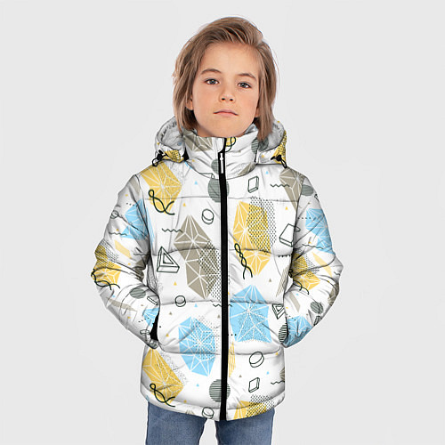 Зимняя куртка для мальчика Разноцветные Многоугольники и Круги / 3D-Светло-серый – фото 3