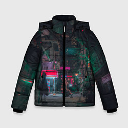 Куртка зимняя для мальчика Неоновый мрачный город - Тёмно-зелёный, цвет: 3D-красный