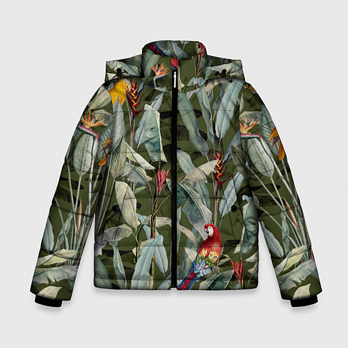 Зимняя куртка для мальчика Попугаи и Цветы Зелёные Джунгли / 3D-Светло-серый – фото 1