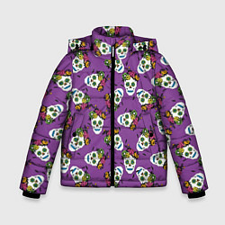 Куртка зимняя для мальчика Сахарные черепа на фиолетовом паттерн, цвет: 3D-красный