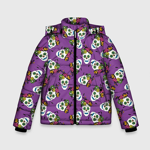 Зимняя куртка для мальчика Сахарные черепа на фиолетовом паттерн / 3D-Красный – фото 1