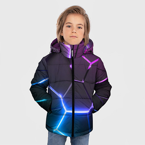Зимняя куртка для мальчика Фиолетовый градиент - неоновые геометрические плит / 3D-Светло-серый – фото 3