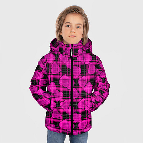 Зимняя куртка для мальчика Black and pink hearts pattern on checkered / 3D-Светло-серый – фото 3