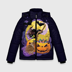 Куртка зимняя для мальчика Чёрный котёнок и тыквы, цвет: 3D-черный
