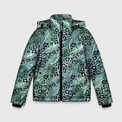 Куртка зимняя для мальчика Листья пальмы на леопардовом серо - зеленом фоне, цвет: 3D-светло-серый