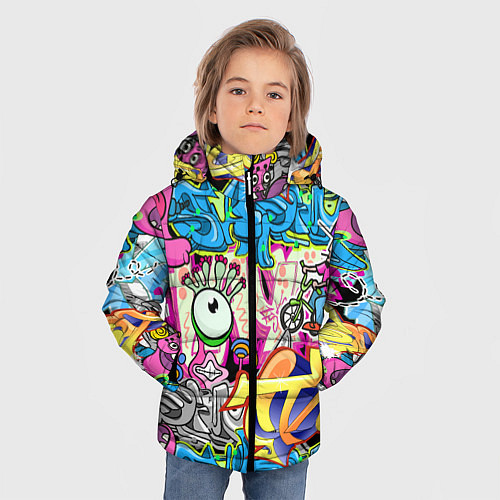 Зимняя куртка для мальчика Велосипедист и глаз граффити / 3D-Светло-серый – фото 3