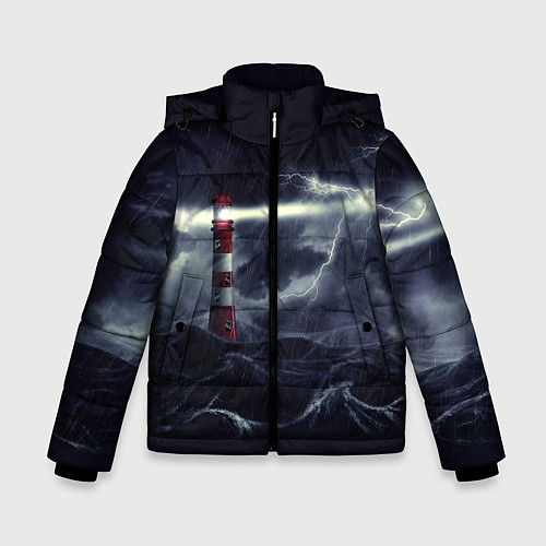 Зимняя куртка для мальчика Маяк и штормовое море в ночи / 3D-Светло-серый – фото 1
