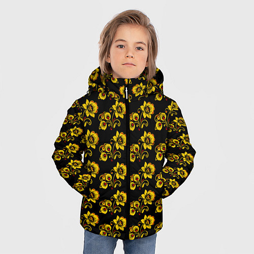 Зимняя куртка для мальчика Хохломская роспись цветы на чёрном фоне / 3D-Светло-серый – фото 3