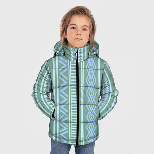 Зимняя куртка для мальчика Зелёные и синие абстрактные узоры / 3D-Светло-серый – фото 3