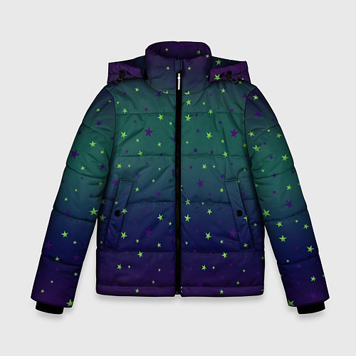 Зимняя куртка для мальчика Неоновые зеленые и сиреневые звезды на темно зелен / 3D-Светло-серый – фото 1
