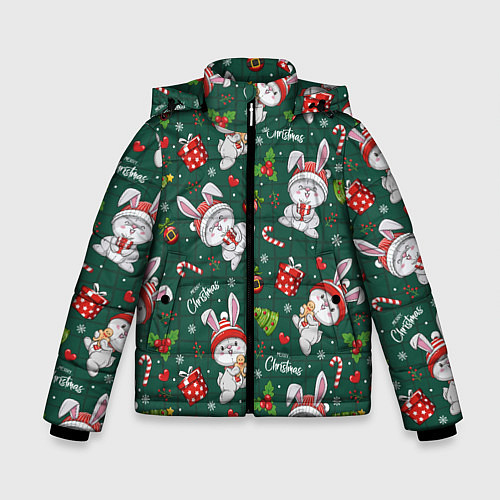 Зимняя куртка для мальчика Новогодние кролики - паттерн / 3D-Красный – фото 1