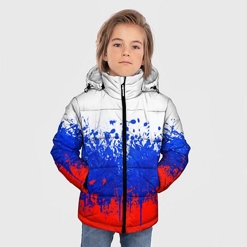 Зимняя куртка для мальчика Флаг России с горизонтальными подтёками / 3D-Светло-серый – фото 3