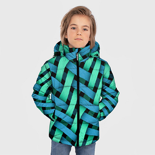 Зимняя куртка для мальчика Сине-зелёная плетёнка - оптическая иллюзия / 3D-Светло-серый – фото 3