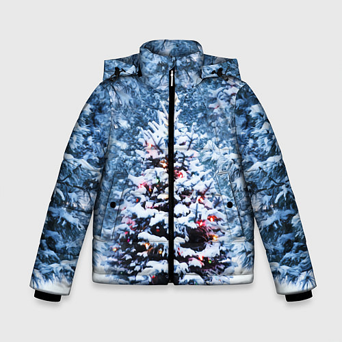 Зимняя куртка для мальчика Новогодняя ёлка в лесу / 3D-Светло-серый – фото 1