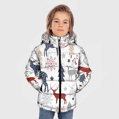 Зимняя куртка для мальчика Олени в новогоднем лесу / 3D-Черный – фото 3