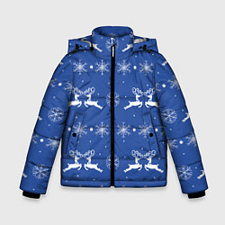 Зимняя куртка для мальчика Белые олени со снежинками на синем фоне