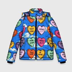 Куртка зимняя для мальчика Валентинки конфетки сердечки с посланиями, цвет: 3D-светло-серый