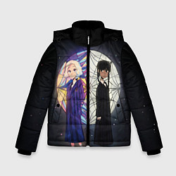 Куртка зимняя для мальчика Энид и Уэнсдэй на фоне окна, цвет: 3D-светло-серый