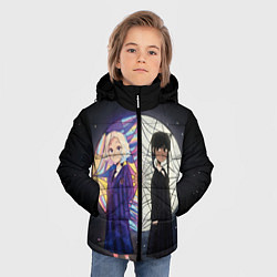 Куртка зимняя для мальчика Энид и Уэнсдэй на фоне окна, цвет: 3D-светло-серый — фото 2