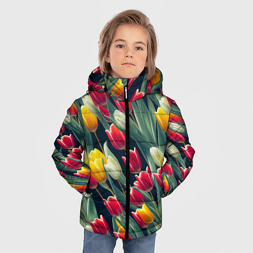 Зимняя куртка для мальчика Много тюльпанов / 3D-Светло-серый – фото 3