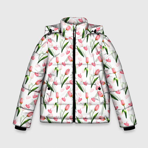 Зимняя куртка для мальчика Тюльпаны и сердечки - паттерн / 3D-Светло-серый – фото 1