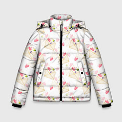 Куртка зимняя для мальчика Конверты с сердечками - паттерн, цвет: 3D-светло-серый
