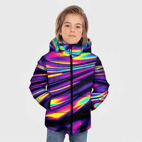 Зимняя куртка для мальчика Неоновые разводы цветных красок / 3D-Светло-серый – фото 3