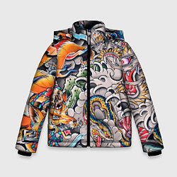 Куртка зимняя для мальчика Иредзуми: дракон и лис, цвет: 3D-светло-серый