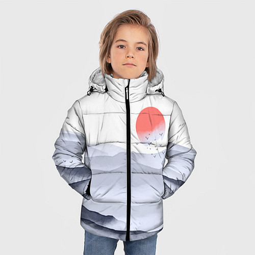 Зимняя куртка для мальчика Японский пейзаж - восход солнца / 3D-Светло-серый – фото 3
