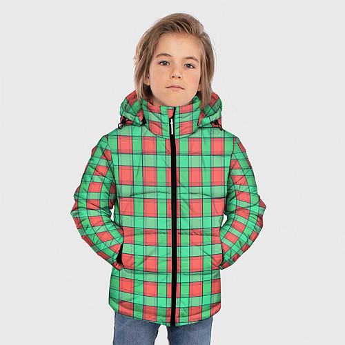 Зимняя куртка для мальчика Клетчатый зелено -оранжевый паттерн / 3D-Светло-серый – фото 3