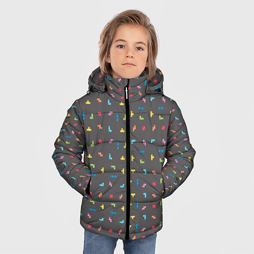 Зимняя куртка для мальчика Блоки Тетрис на сером фоне / 3D-Светло-серый – фото 3
