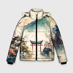 Куртка зимняя для мальчика Японский пейзаж - акварель, цвет: 3D-красный